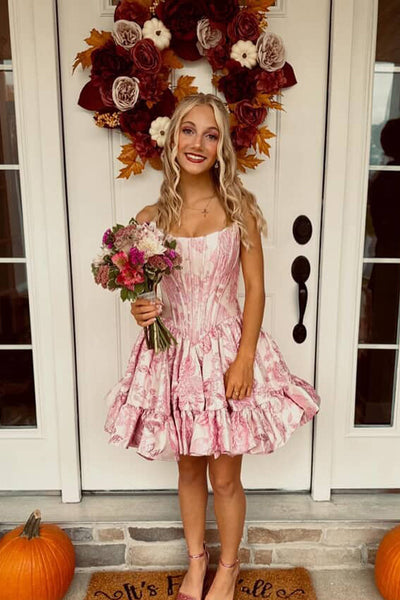 A Line Scoop Neck Blush Jacquard Satin Homecoming Dress VK25100610