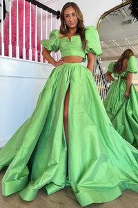 Two Piece Green Balloon Sleeves Long Prom Dress with Slit VK23110304