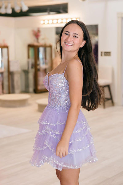 Cute A Line V Neck Lavender Tiered Tulle Beaded Homecoming Dresses VK24110702