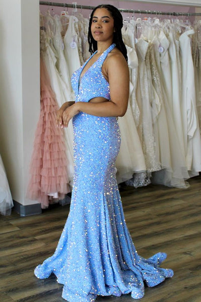 Blue Sequin Halter Trumpet Long Prom Dress VK23102803