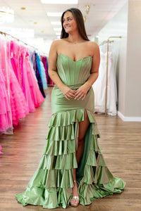Mermaid Strapless Sage Green Ruffle Tiered Long Prom Dresses with Slit VK022306