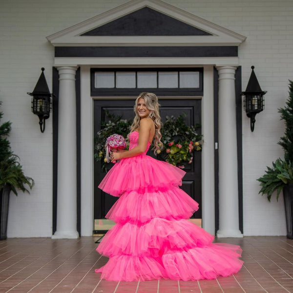 Cute Ball Gown Strapless Hot Pink Tulle High Low Prom Dresses with Lace VK23050508