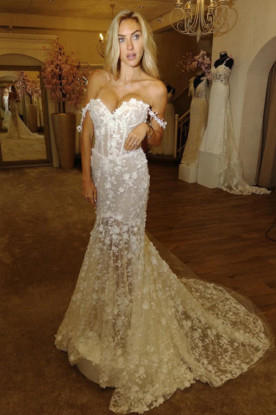 Mermaid Off the Shoulder White Sequin Appliques Wedding Dresses VK25093007