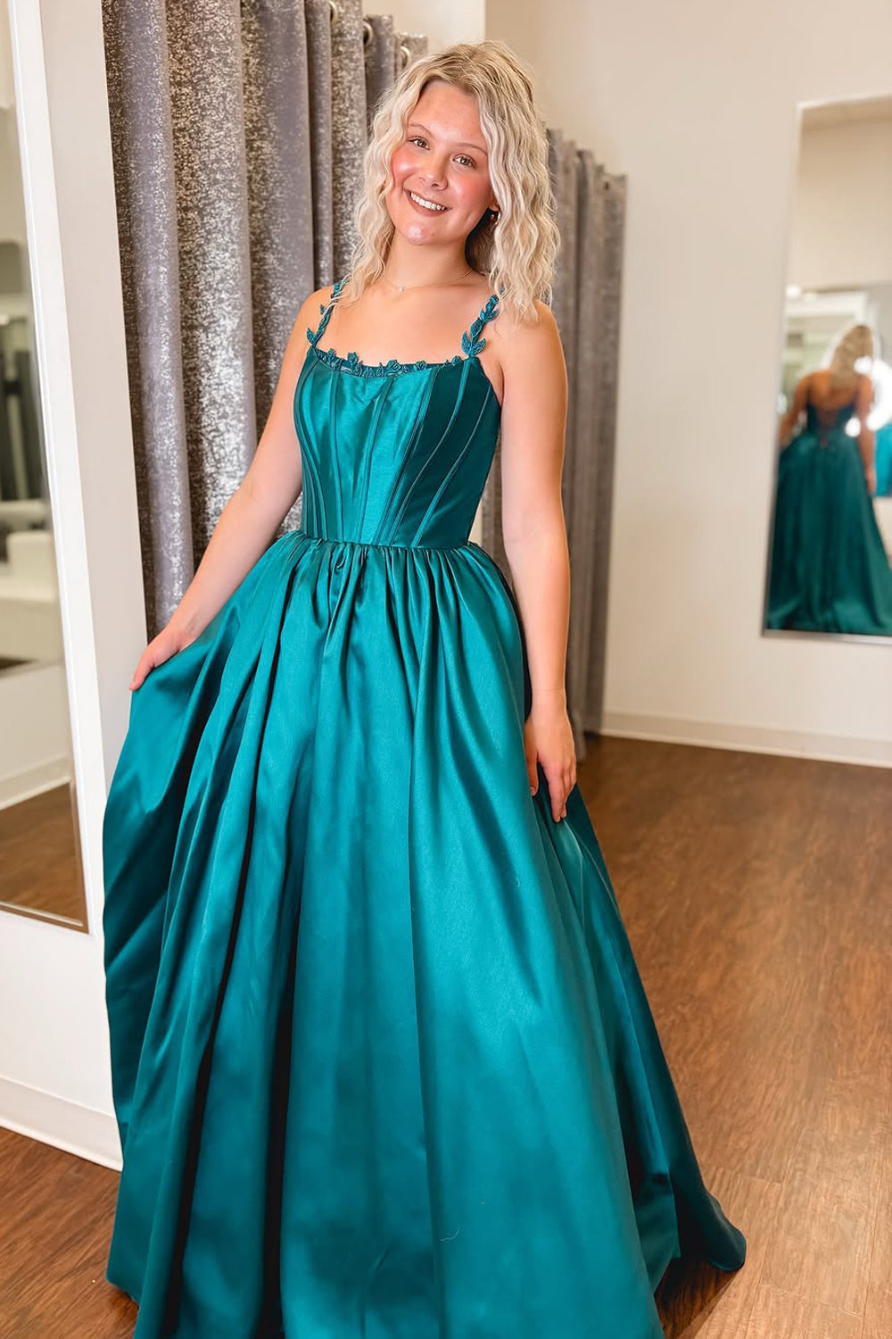 Ball Gown Scoop Neck Peacock Blue Satin Long Prom Dresses VK021202