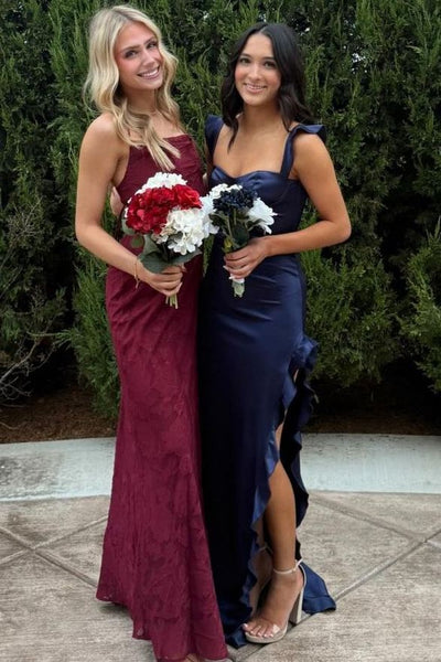 Sheath Sweetheart Navy Blue Satin Ruffles Long Prom Dresses with Side Slit VK26011802