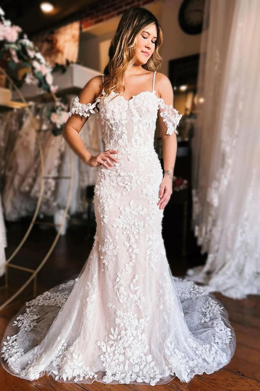 Princess Mermaid Cold Sleeves Floral Lace Boho Wedding Dresses VK23082710