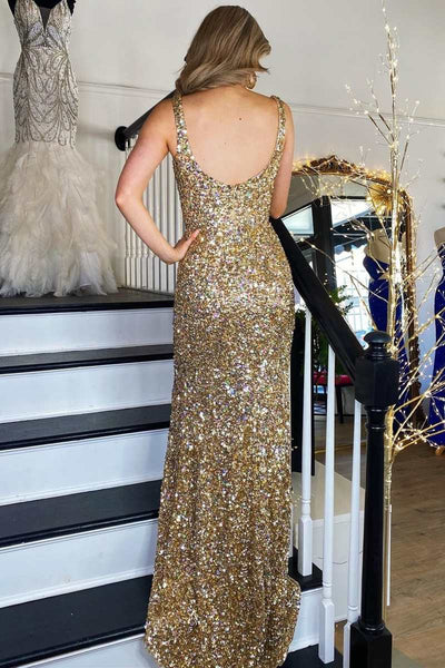 Gold Sequin Square Neck Backless Mermaid Long Formal Dress with Slit VK23121205