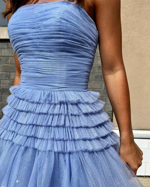 Cute A Line Strapless Dusty Blue Long Prom Dresses with Slit VK23051101