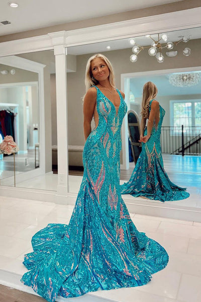 Sparkly Mermaid  V Neck Sequins Long Prom Dresses VK23101505