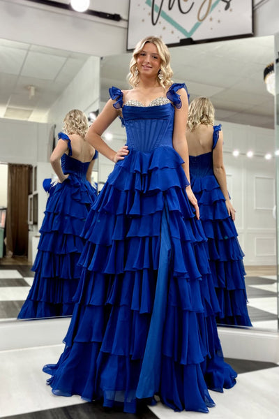 Cute A-Line Sweetheart Royal Blue Chiffon Long Tiered Prom Dresses VK26021003