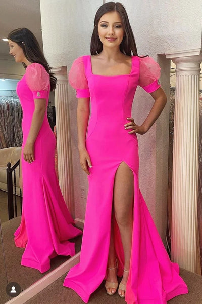 Hot Pink Square Neck Puff Sleeve Mermaid Long Dress with Slit VK23112902