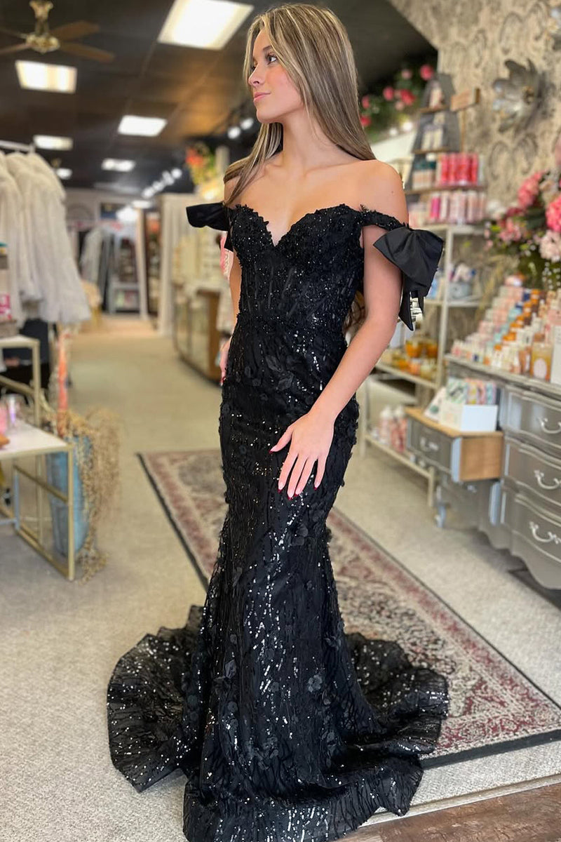 Cute Mermaid Off the Shoulder Sequins Lace Prom Dress with Feather VK23121909