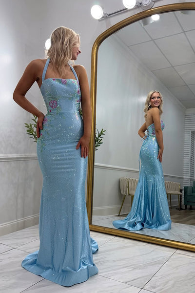 Mermaid Halter Blue Beads Long Prom Dresses VKPD008