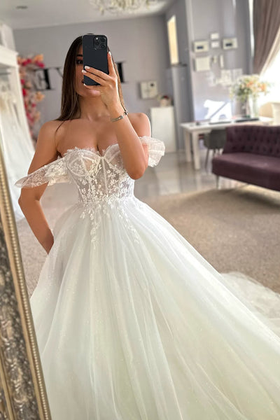 Fairy A-Line Off the Shoulder Tulle Wedding Dress with Appliques VK25121107