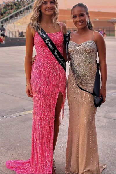 Charming Mermaid Scoop Neck Hot Pink Sequins Long Prom Dresses with Beading VK24100207