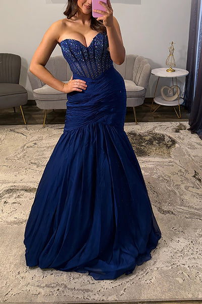 Mermaid Sweetheart Navy Blue Satin Long Prom Dresses with Beadings VK26010707
