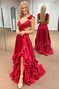 Red Cutout Ruffle A-Line Long Prom Dress with Slit VK23112106