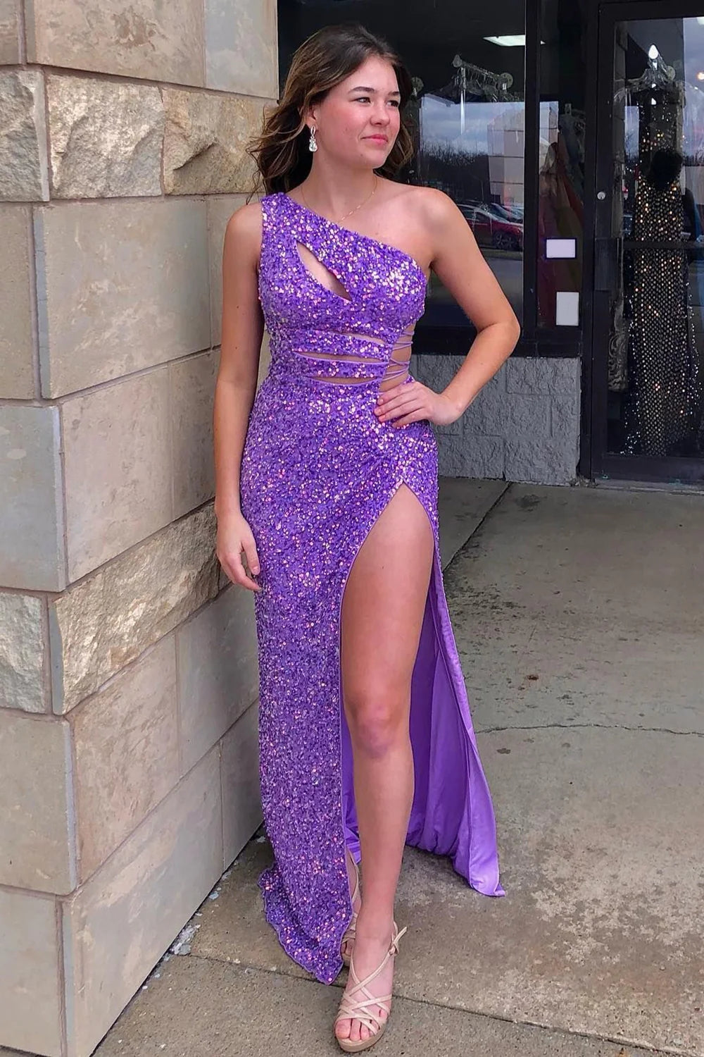 Sparkly Purple Sequins Cut-Out Long Prom Dress VK23101404