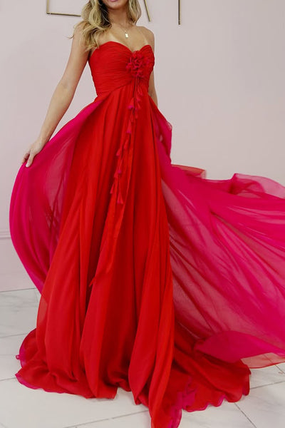 Graceful A-Line Sweetheart Red Chiffon Long Prom Dress with Handmade Flower VK26022201