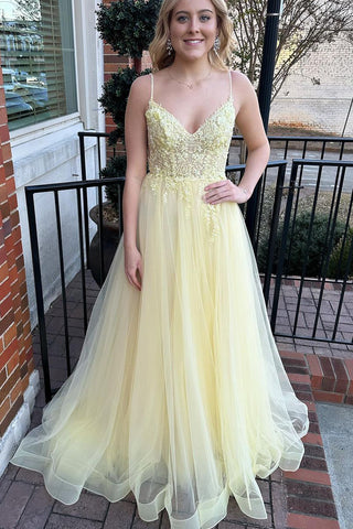 Yellow V Neck Tulle Long Prom Dresses with Appliques VK23120104