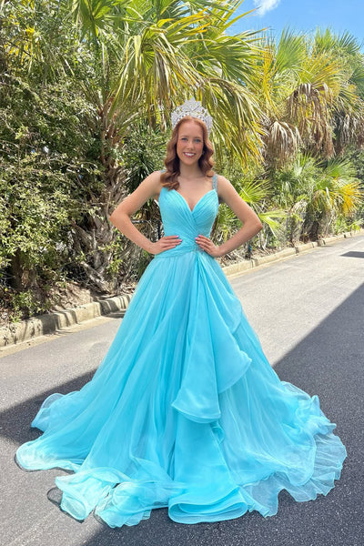 Gorgeous A Line V Neck Aqua Chiffon Long Prom Dress with Beading VK25121011