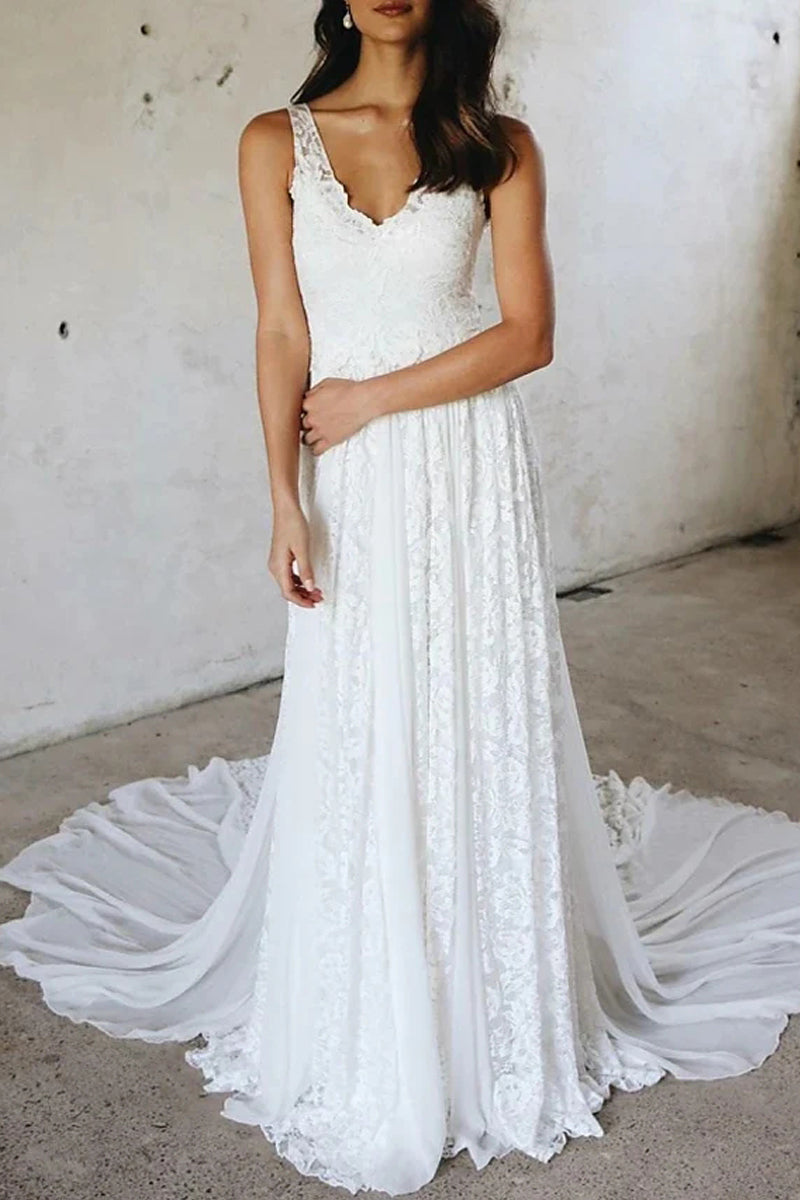 A-Line Wedding Dresses V Neck Court Train Chiffon Lace Spaghetti Strap Simple Plus Size Bridal Dress VK0330001