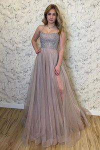 Glamorous A Line Halter Gray Long Prom/Evening Dress Beading VK0124001