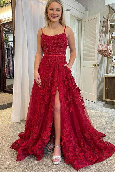 Cute A Line Scoop Neck Red Lace Prom Dresses with Beading VK122204