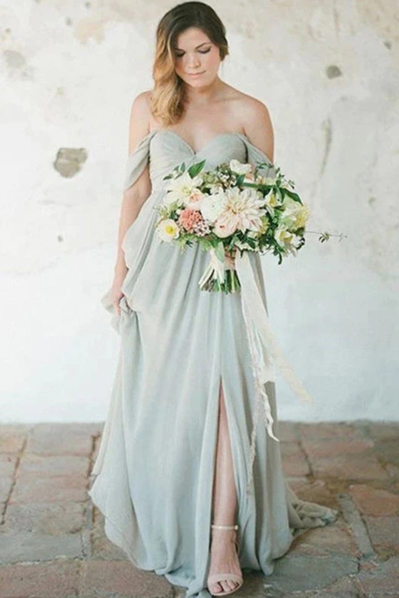 Simple A-Line Off the Shoulder Chiffon Long Bridesmaid Dresses with Split VK0123009