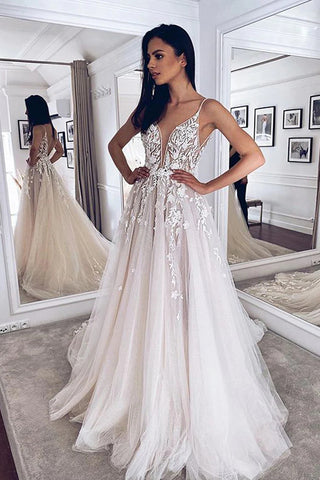 Princess A-Line V Neck Open Back Tulle Wedding Dresses with Lace Appliques VK0501006