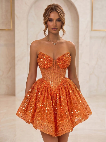 Sequin Strapless Sweetheart Mini Homecoming Dress with Ruffled Skirt