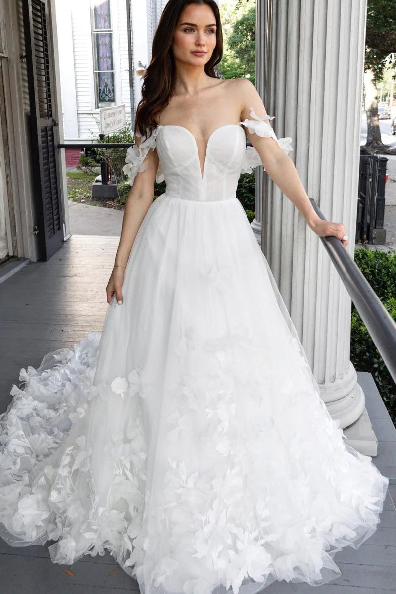 Fairy A Line V Neck Tulle Wedding Dresses with 3D Flower Appliques VK23061106