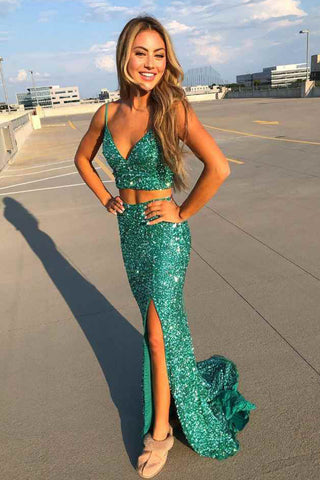 Glitter Lilac Two Piece Sequins Mermaid Prom Dress with Side Split VK0205001