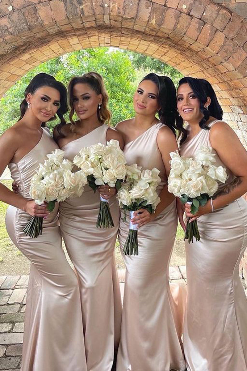 Mermaid One Shoulder Champagne Satin Bridesmaid Dresses VK22072901