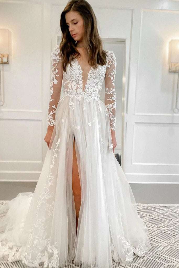 Elegant A Line Deep V Neck Tulle Wedding Dresses with Long Sleeves VK120606  – Vickidress