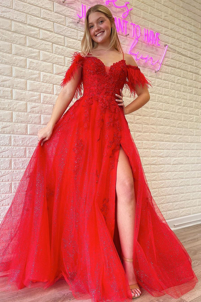 Charming A Line Off the Shoulder Red Tulle Long Prom Dresses with Slit VK23012201