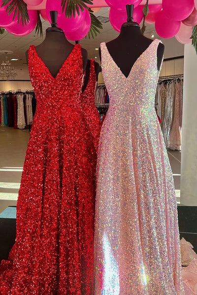 Stunning Ball Gown V Neck Sparkly Sequins Prom Dress VK22020703
