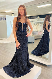 Sparkly Mermaid Straps Navy Sequins Long Prom Dresses VK111702