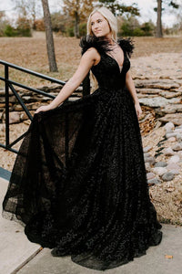 Sparkly Ball Gown Deep V Neck Black Sequins Prom Dresses VK120705