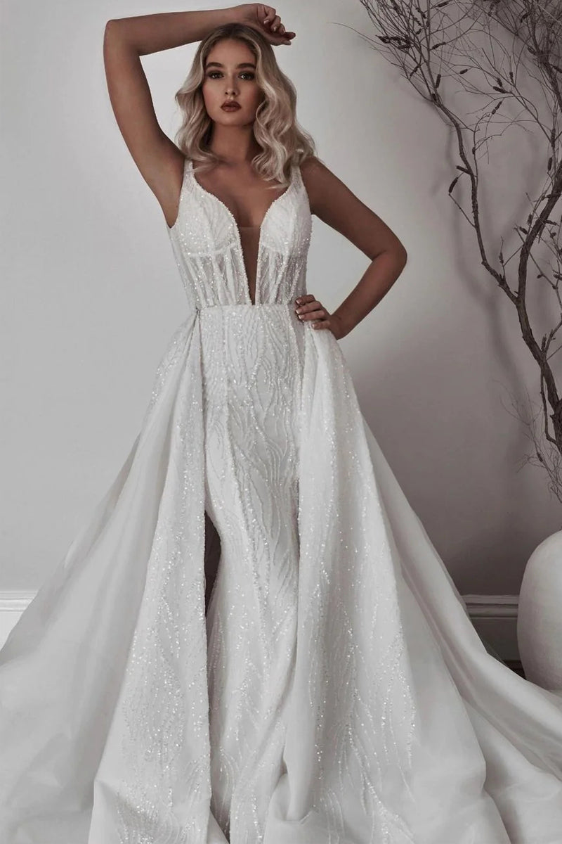 Luxurious Mermaid V Neck Sequins Wedding Dresses with Removable Train VK23051901
