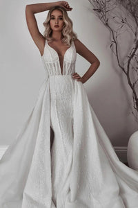 Luxurious Mermaid V Neck Sequins Wedding Dresses with Removable Train VK23051901