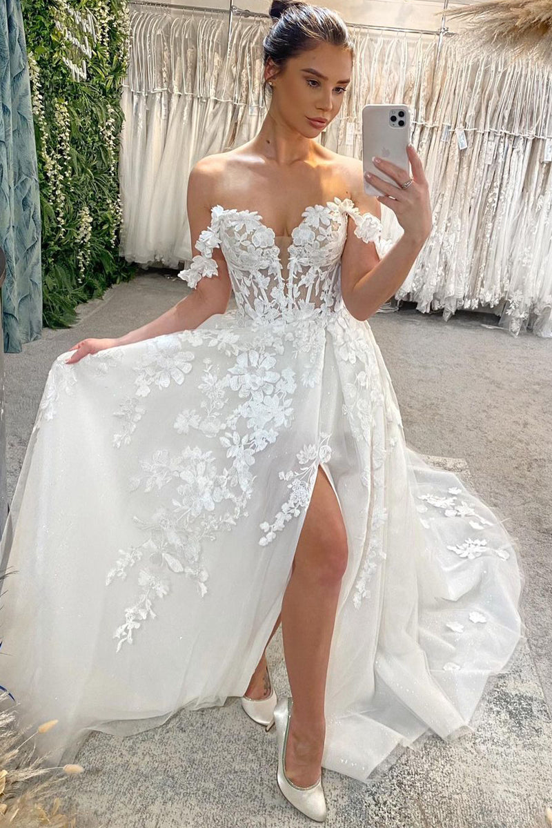 Cute A Line Off the Shoulder Tulle Long Wedding Dresses with Appliques VK23052606