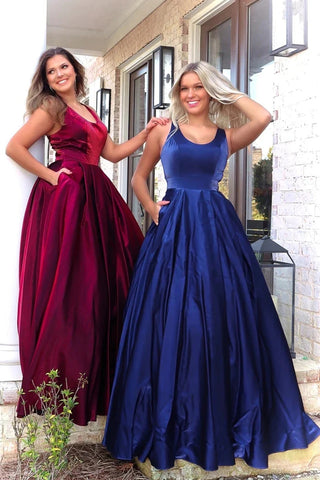 Elegant Scoop Neck Burgundy Satin Ball Gown Prom Evening Dress with Pockets VK0502002