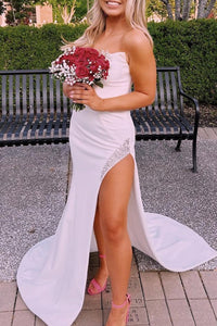 Cute Mermaid Sweetheart White Satin Long Prom Dresses with Beading VK23051805