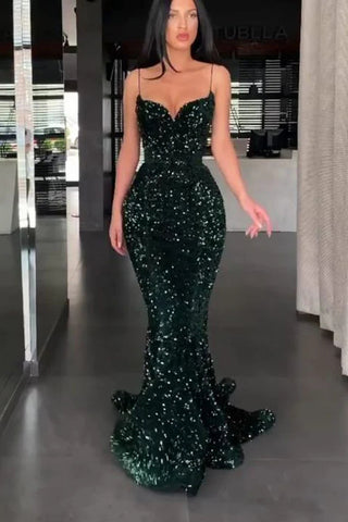 Free Shipping Sexy Sparkly Mermaid V Neck Dark Green Prom Dresses with Straps VK22031502
