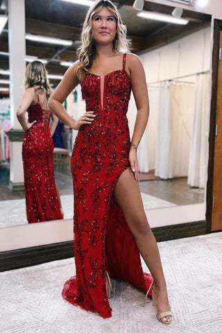 Cute Mermaid Straps Red Sequins Lace Prom Dresses with Slit VK120604