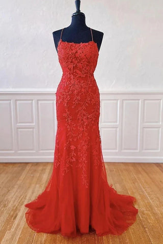 Mermaid Long Red Lace Prom Dresses, Cross Back Formal Dresses Evening Dresses VK0118008