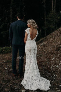 Mermaid V-Neck Cap Sleeves Backless Sweep Train Lace Wedding Dresses VK0530002