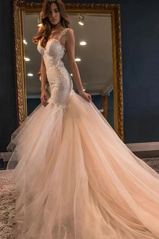 Gorgeous Mermaid Sweetheart Sleeveless Tulle Wedding Dresses with Lace Top VK0302005