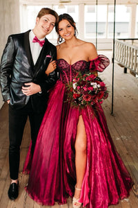 Cute Ball Gown Off the Shoulder Burgundy Organza Long Prom Dresses with Beading VK23050506